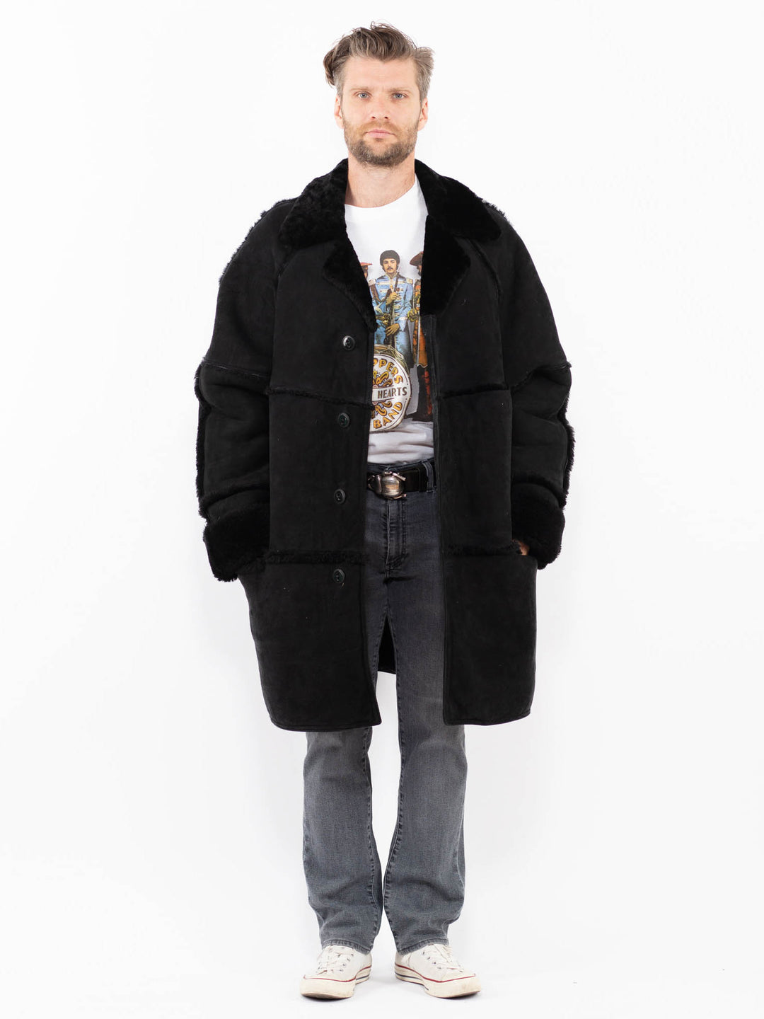 Vintage 80's Men Sheepskin Coat in BlackZ1933