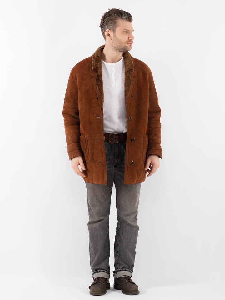 Vintage 80's Men Sheepskin Shearling Coat in BrownZ1118