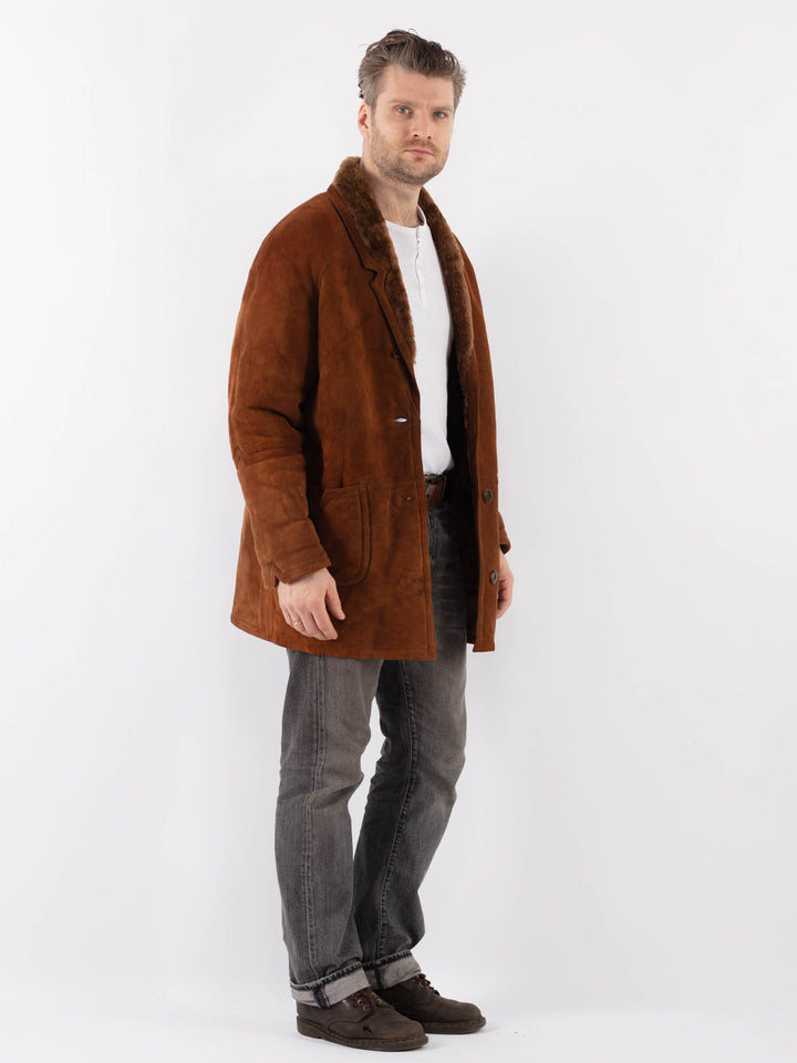 Vintage 80's Men Sheepskin Shearling Coat in BrownZ1118