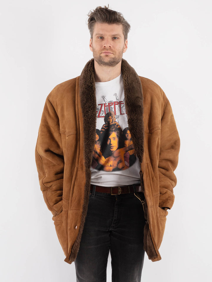 Vintage 80's Men Sheepskin Shearling Coat in Brown - NorthernGrip