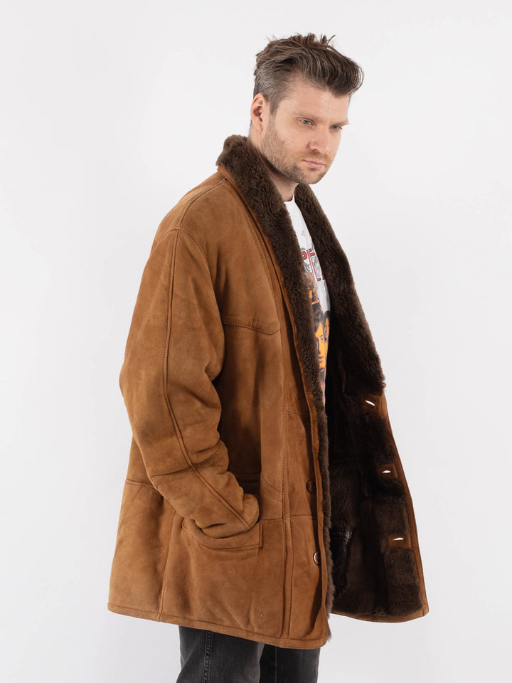 Vintage 80's Men Sheepskin Shearling Coat in Brown - NorthernGrip