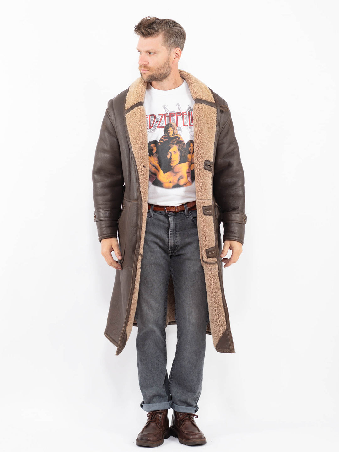 Vintage 80's Men Sheepskin Shearling Coat in BrownZ2286