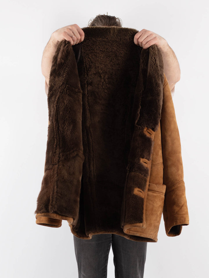 Vintage 80's Men Sheepskin Shearling Coat in Brown - NorthernGrip