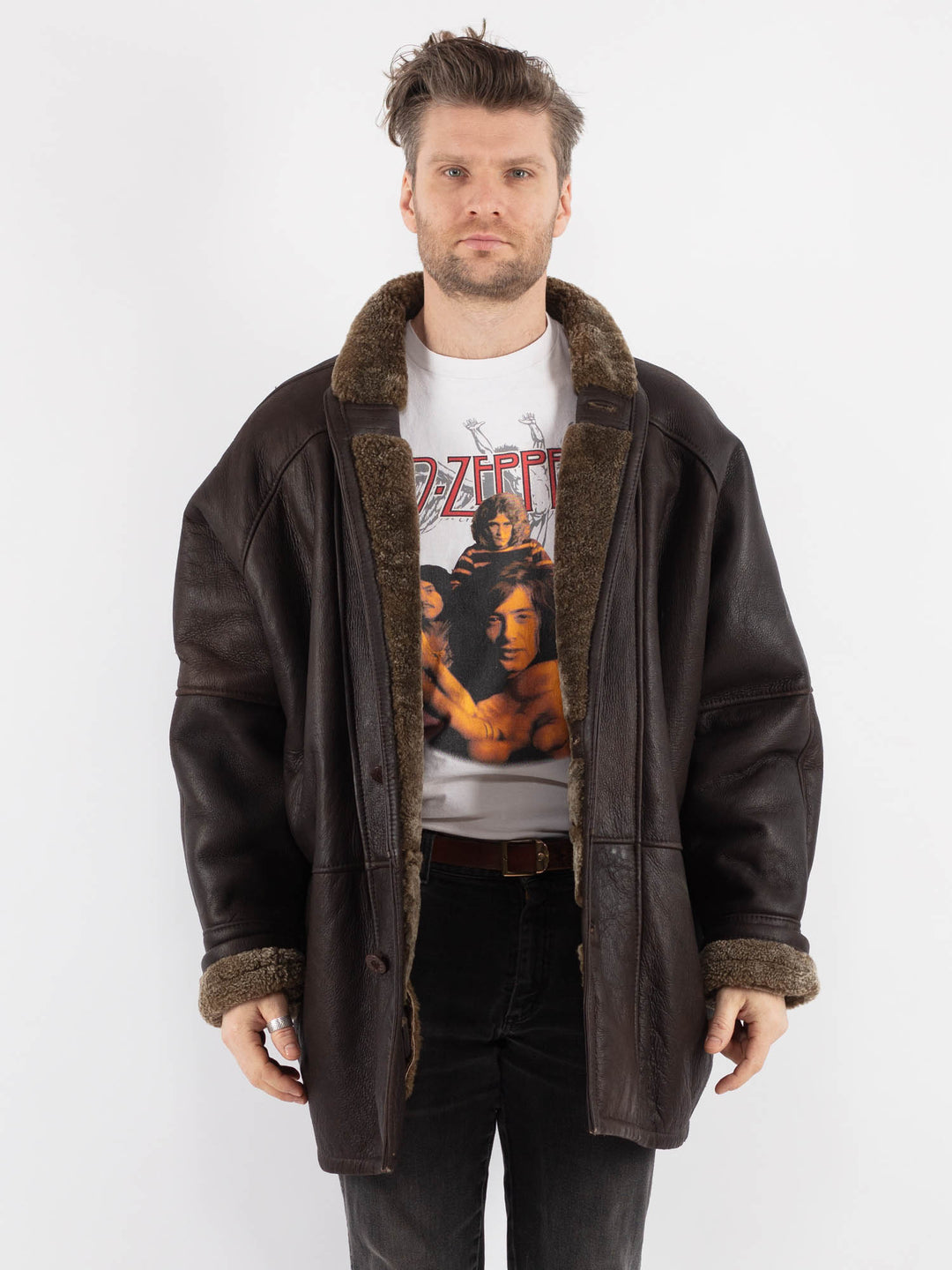 Vintage 80's Men Oversized Sheepskin Coat in Brown - NorthernGrip