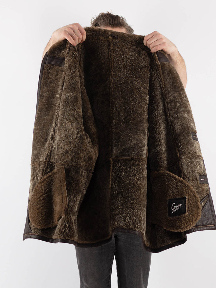 Vintage 80's Men Oversized Sheepskin Coat in Brown - NorthernGrip
