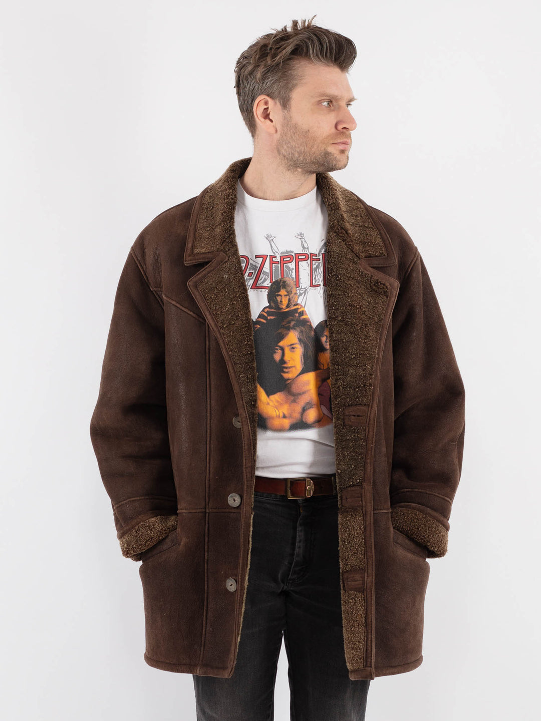 Vintage 80's Men Oversized Sheepskin Coat in Brown - NorthernGrip