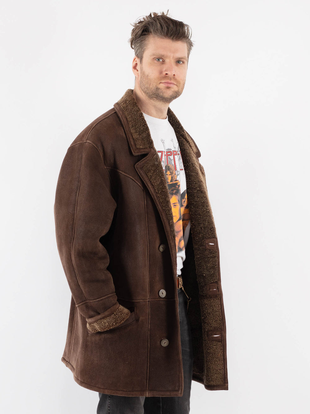 Vintage 80's Men Oversized Sheepskin Coat in Brown - NorthernGrip