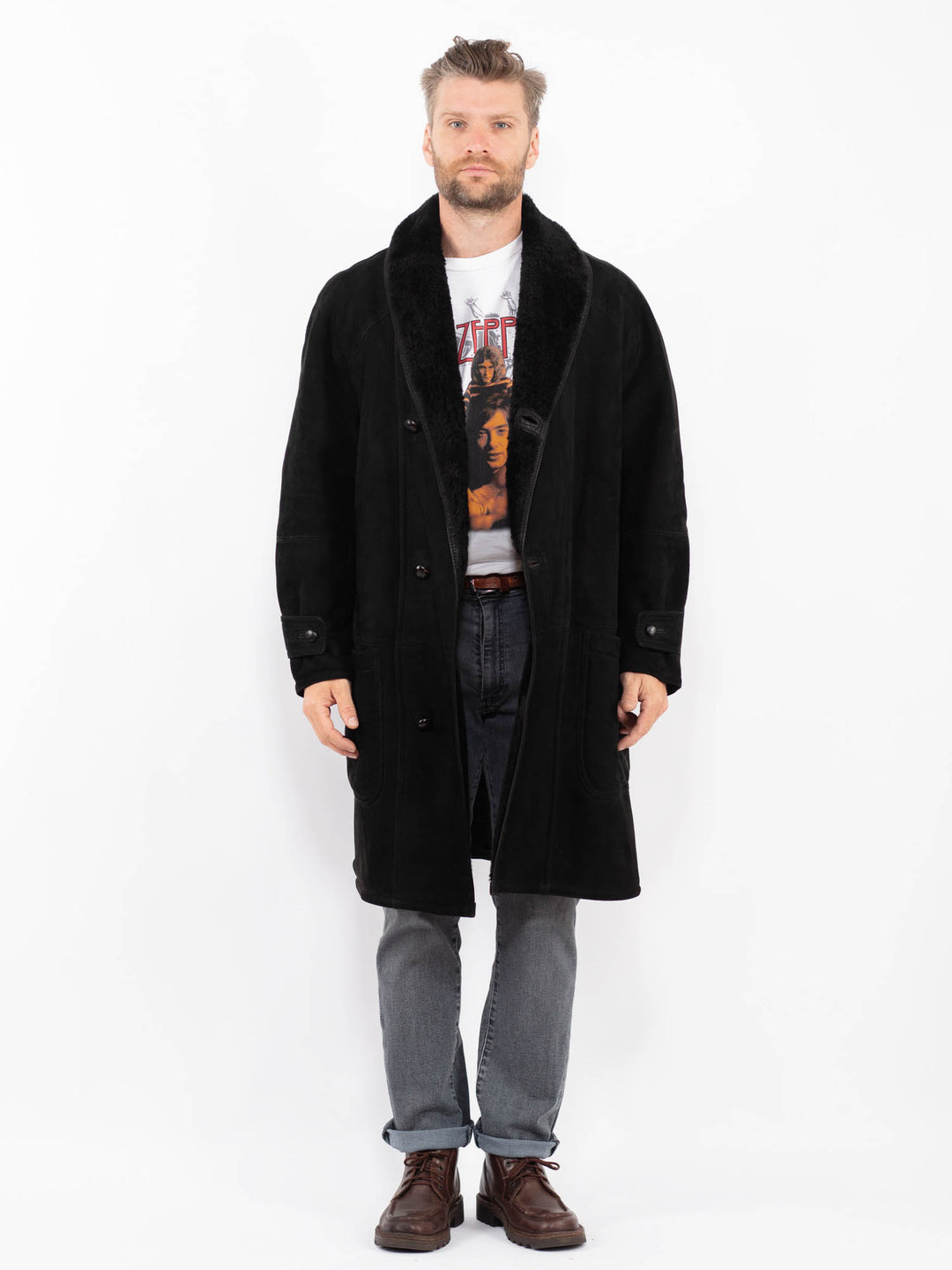 Vintage 80's Men Sheepskin Shearling Coat in BlackZ2288