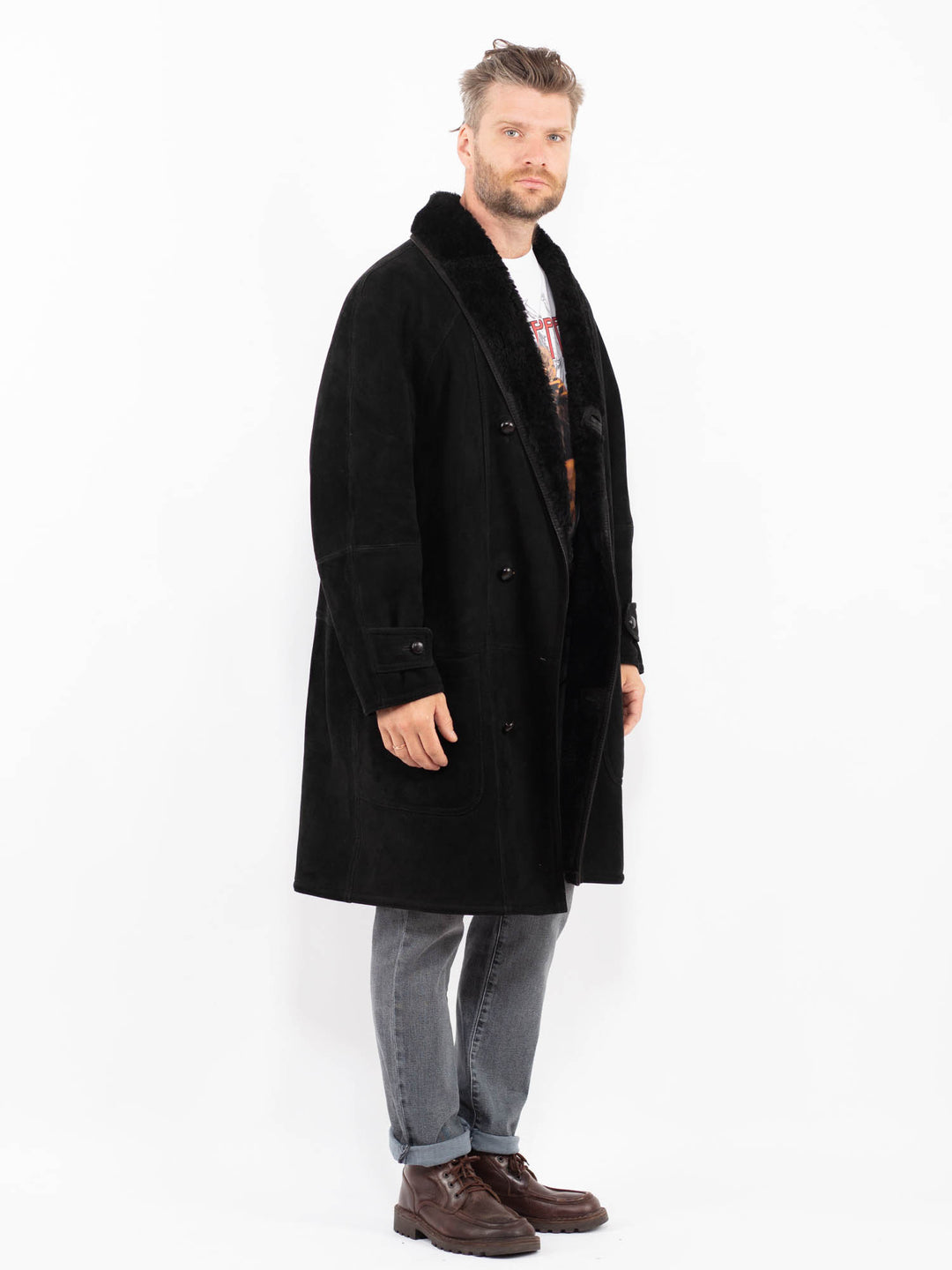Vintage 80's Men Sheepskin Shearling Coat in BlackZ2288