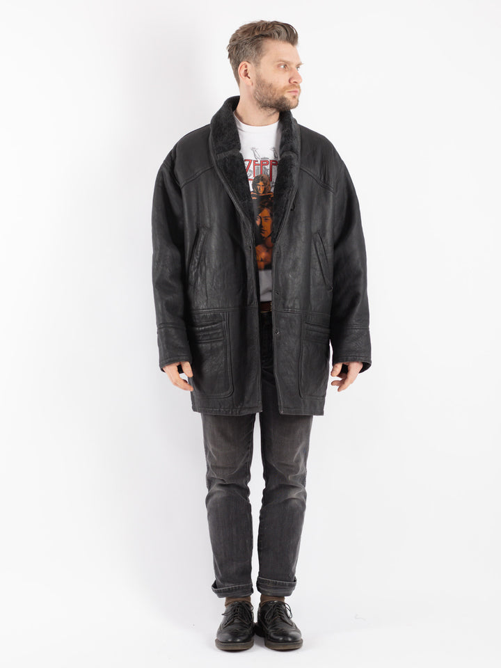 Vintage 80's Men Sheepskin Shearling Coat in Black - NorthernGrip