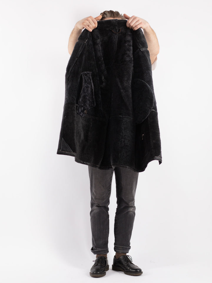 Vintage 80's Men Sheepskin Shearling Coat in Black - NorthernGrip