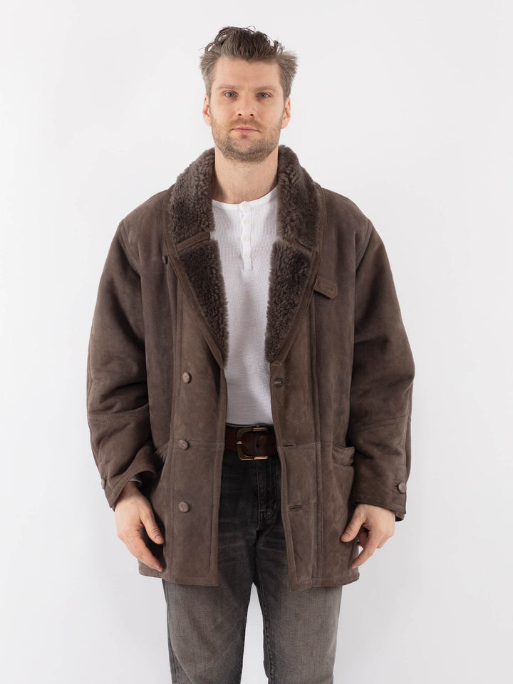Vintage 80's Men Sheepskin Shearling Coat in BrownZ1124