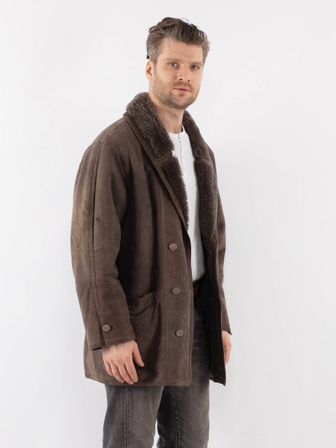 Vintage 80's Men Sheepskin Shearling Coat in BrownZ1124