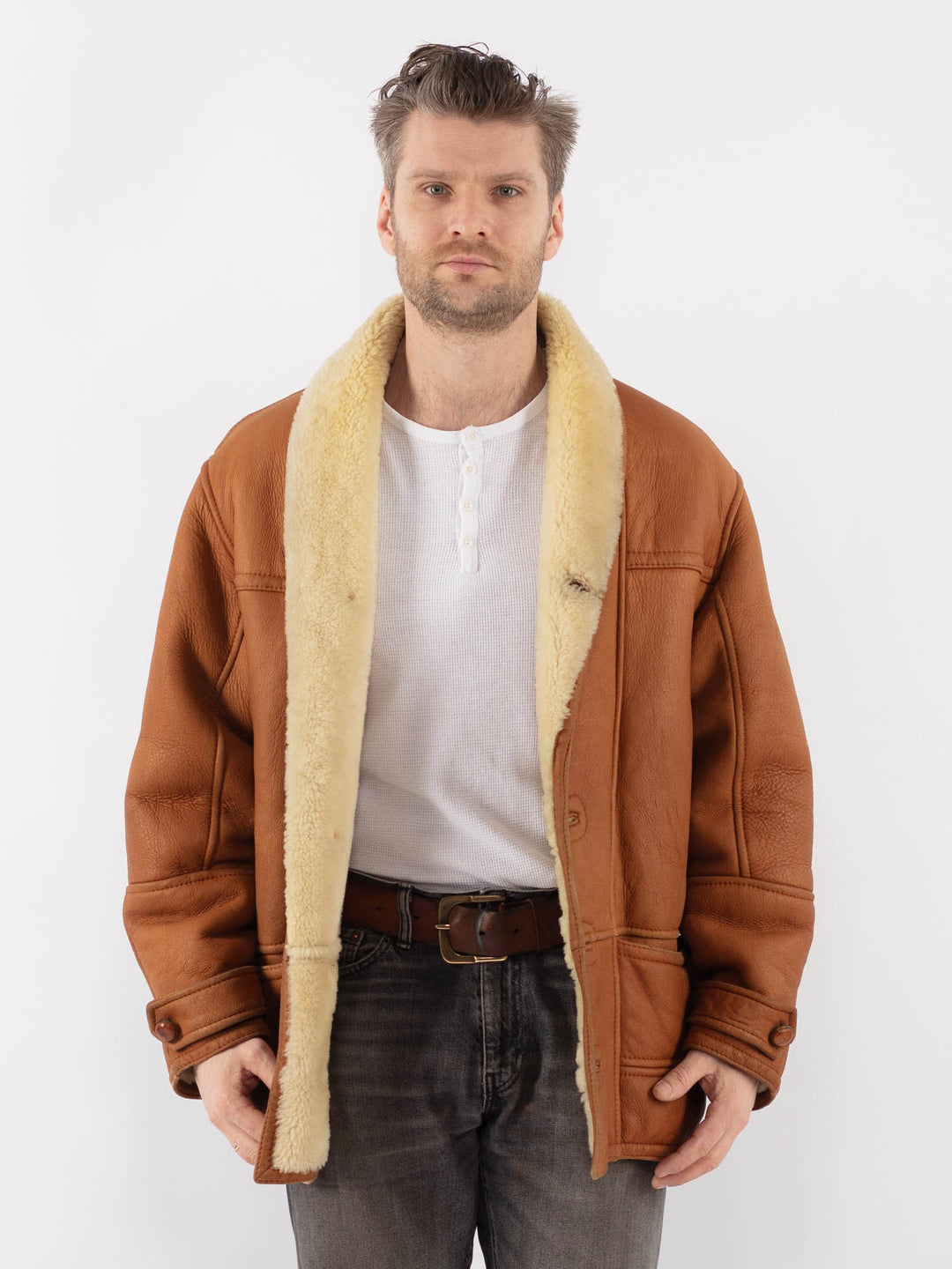 Vintage 80's Men Sheepskin Shearling Coat in BrownZ1125