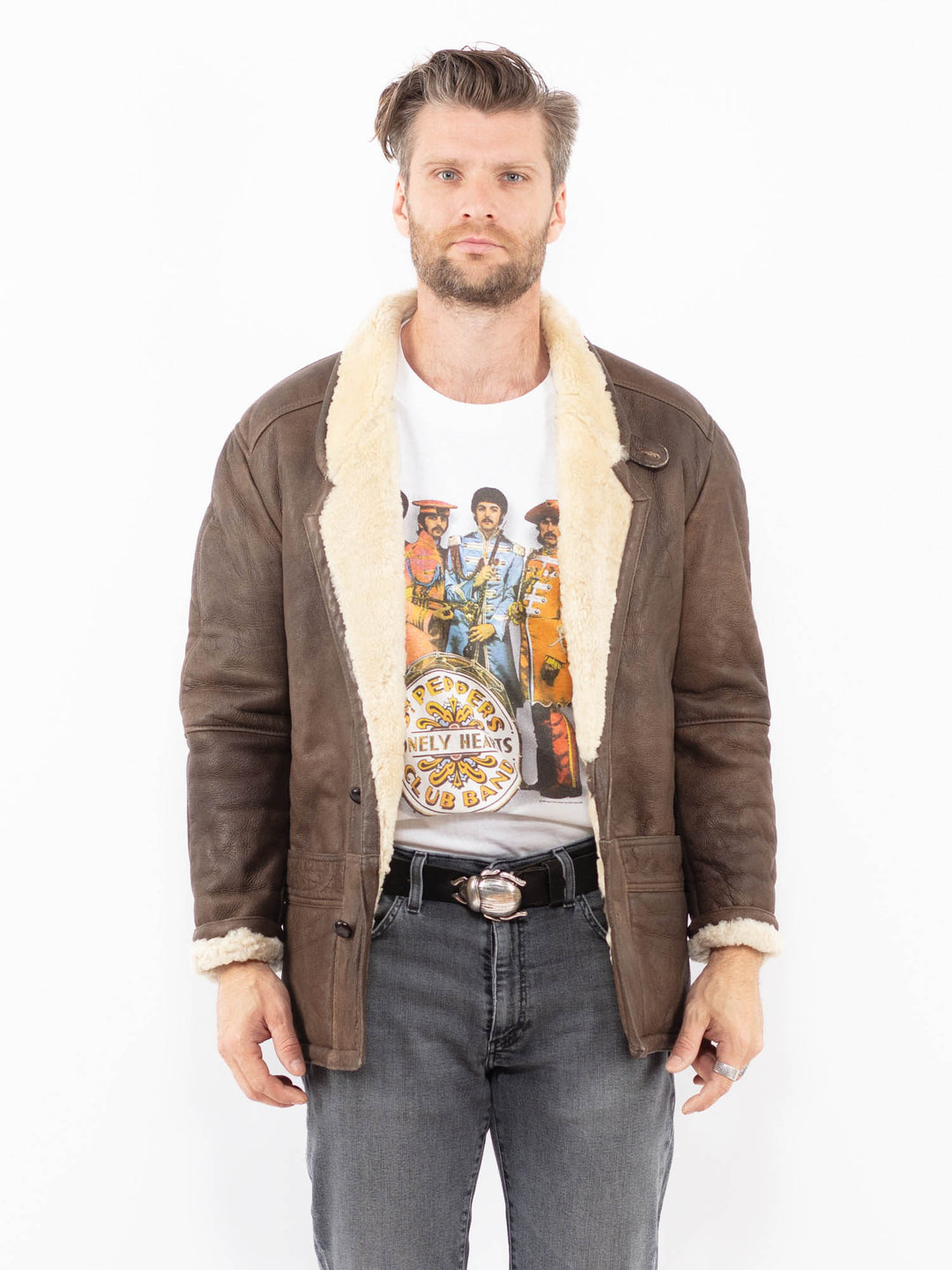 Vintage 80's Men Sheepskin Coat in BrownZ1943
