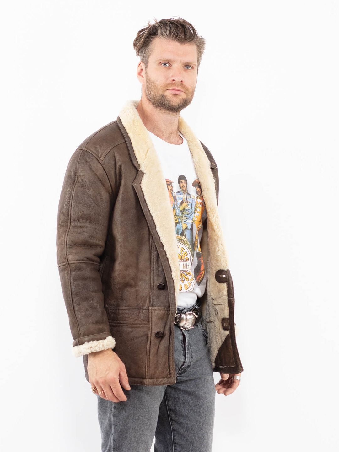 Vintage 80's Men Sheepskin Coat in BrownZ1943