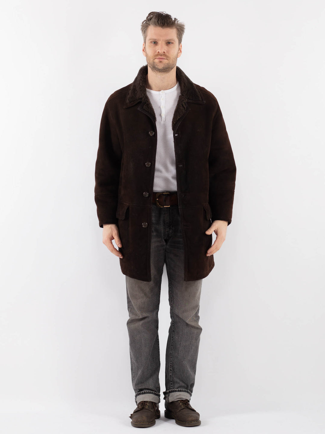 Vintage 80's Men Sheepskin Shearling Coat in BrownZ1127