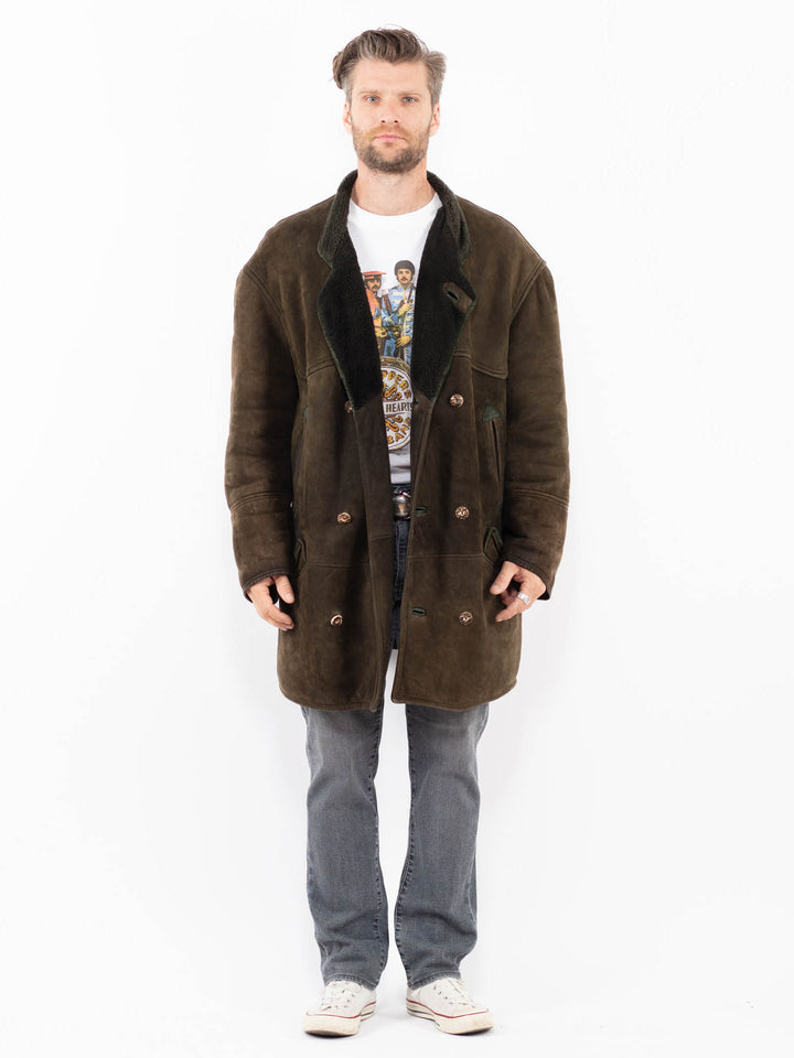 Vintage 80's Men Sheepskin Coat in Moss Green