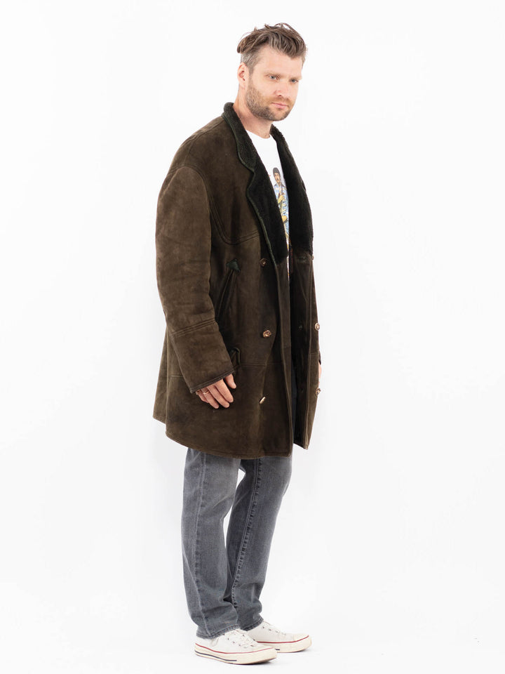 Vintage 80's Men Sheepskin Coat in Moss Green