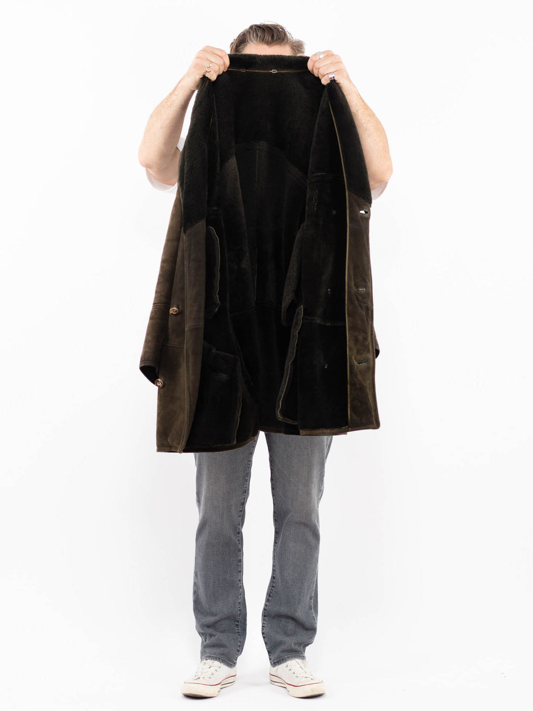 Vintage 80's Men Sheepskin Coat in Moss Green