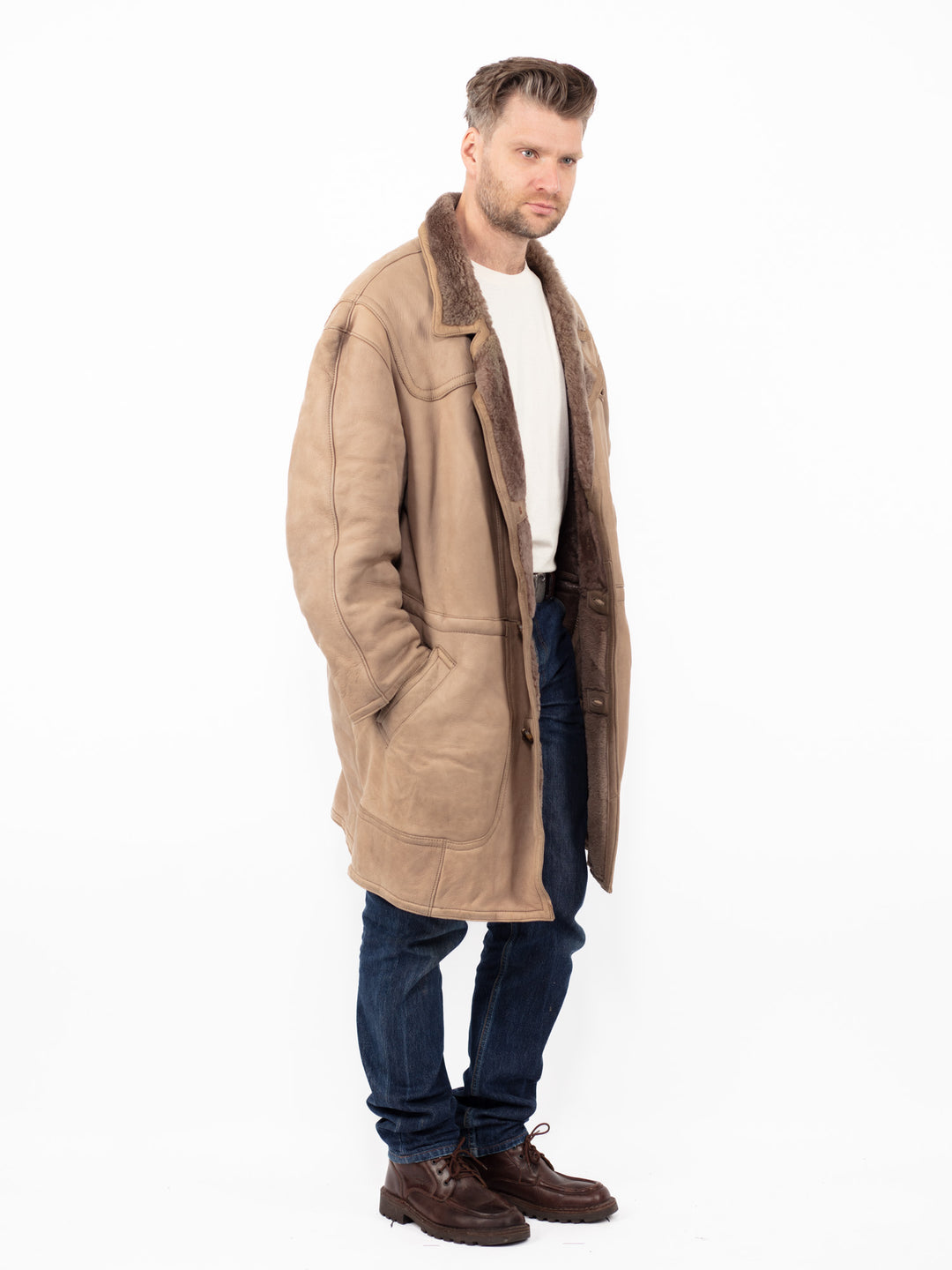 Vintage 80's Men Oversized Sheepskin Coat in Beige