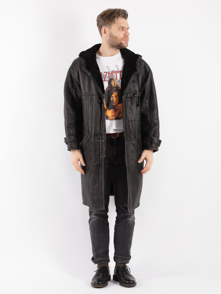 Vintage 80's Men Sheepskin Coat in Black