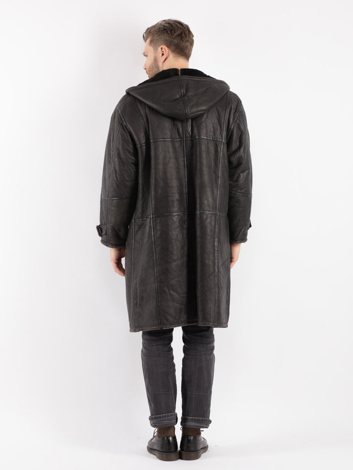 Vintage 80's Men Sheepskin Coat in Black