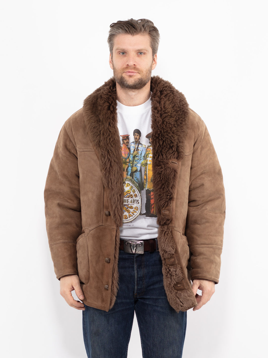 Vintage 80's Men Sheepskin Shearling Coat in BrownZ2681