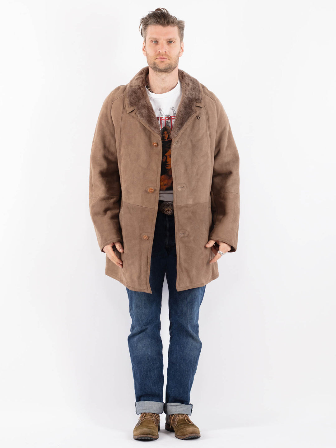 Vintage 80's Men Sheepskin Coat in BeigeZ1529