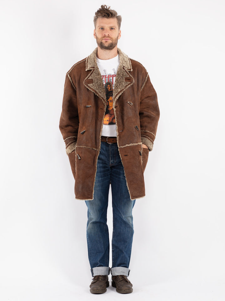 Vintage Men Sheepskin Shearling Coat in Brown