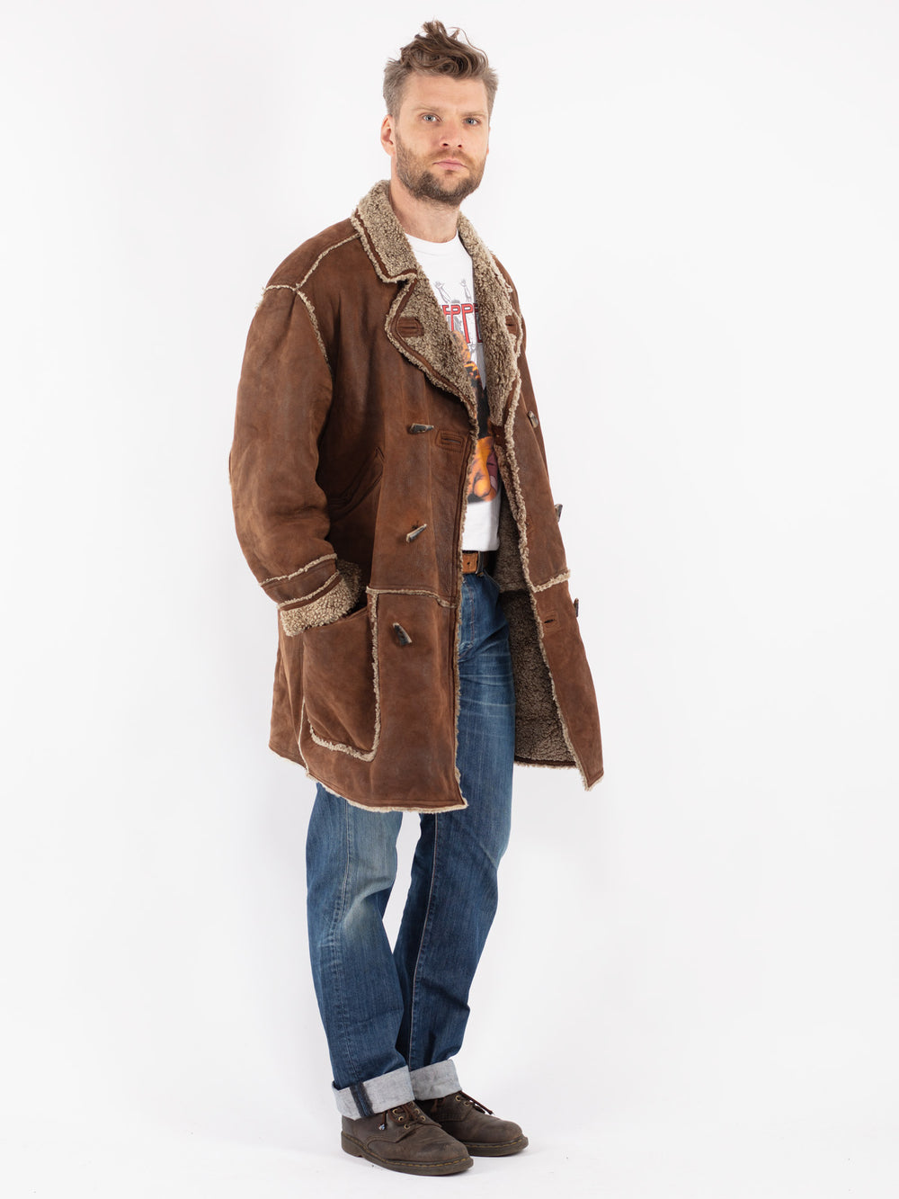Vintage Men Sheepskin Shearling Coat in Brown