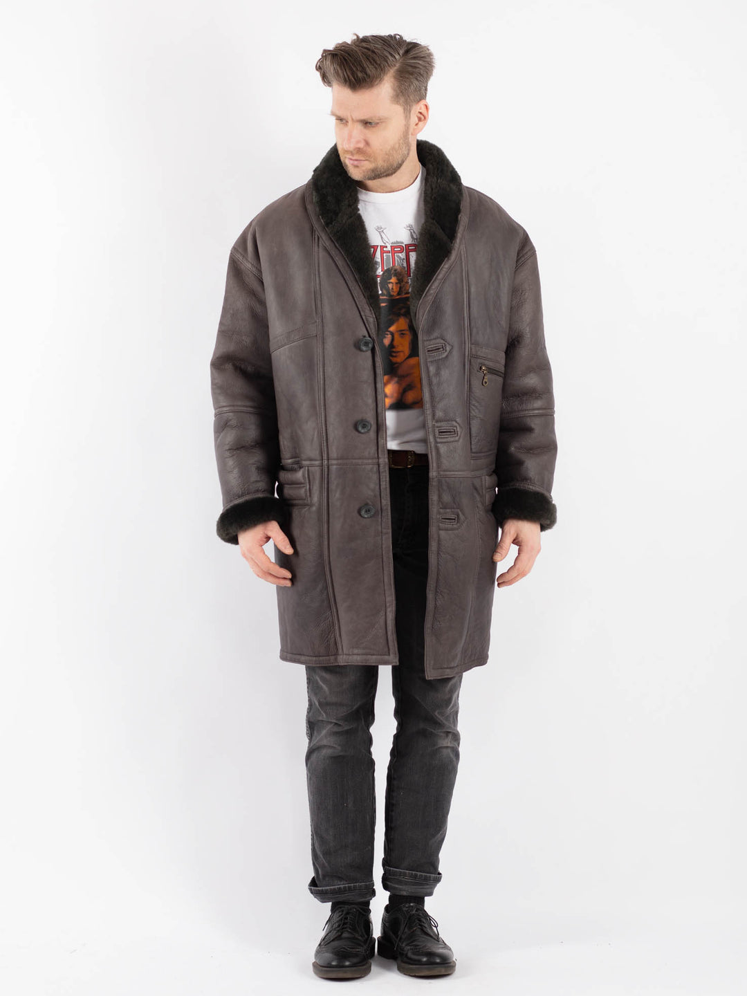 Vintage 80's Men Sheepskin Shearling Coat in Gray