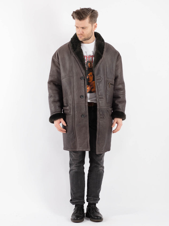 Vintage 80's Men Sheepskin Shearling Coat in Gray