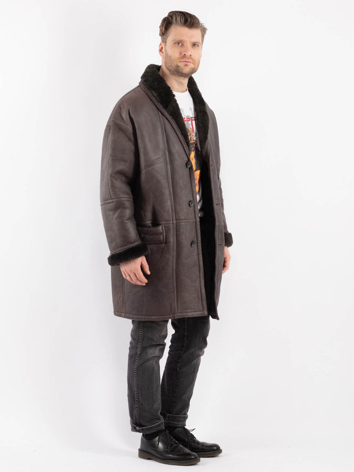 Vintage 80's Men Sheepskin Shearling Coat in Gray