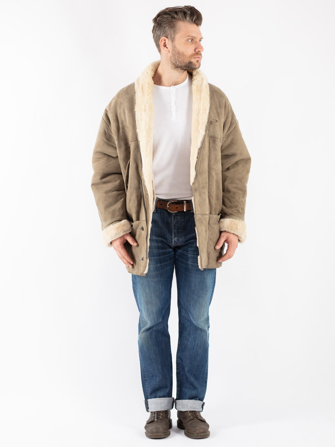 Vintage 80's Men Sheepskin Coat in Beige