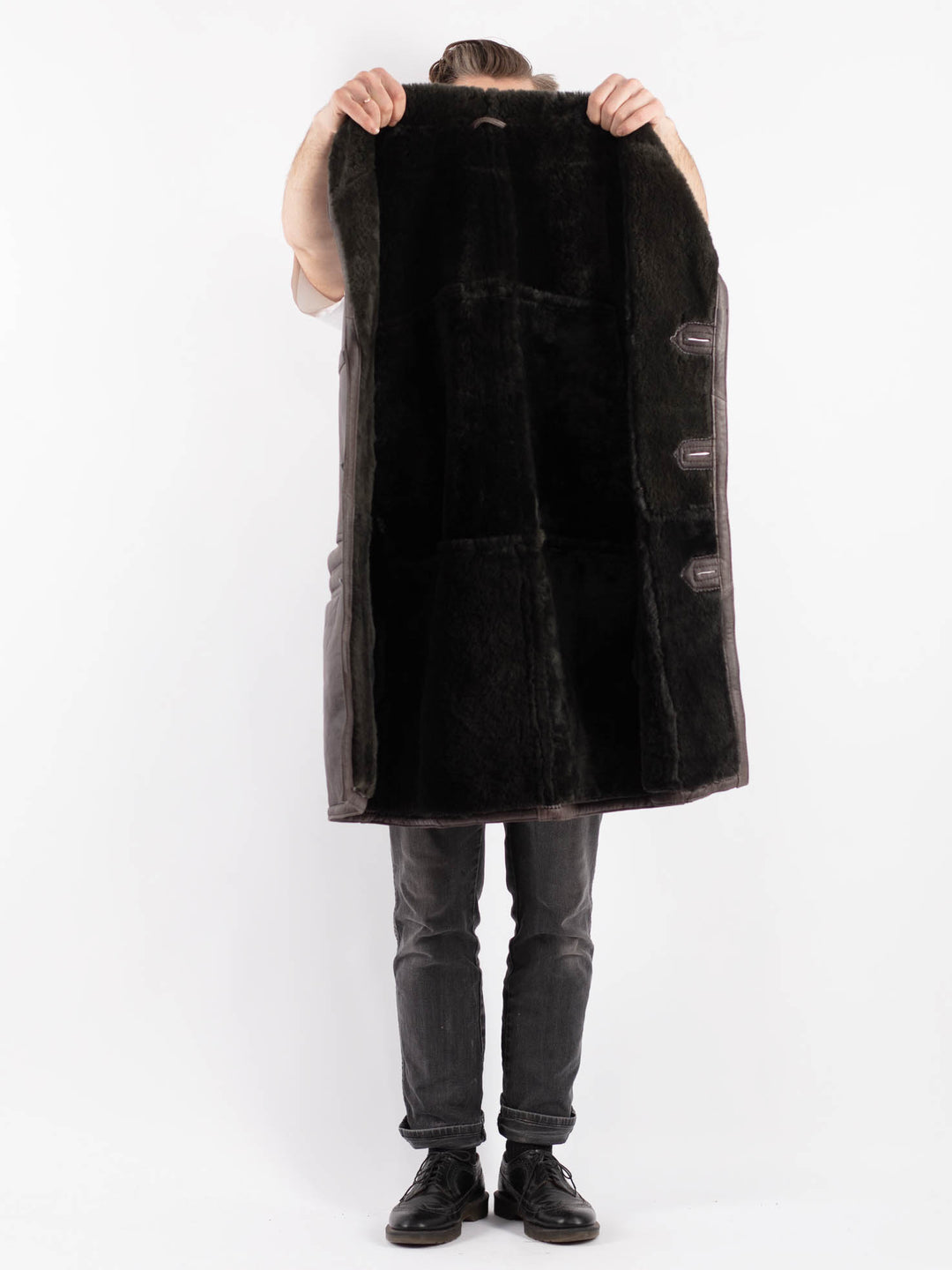 Vintage 80's Men Sheepskin Shearling Coat in Gray