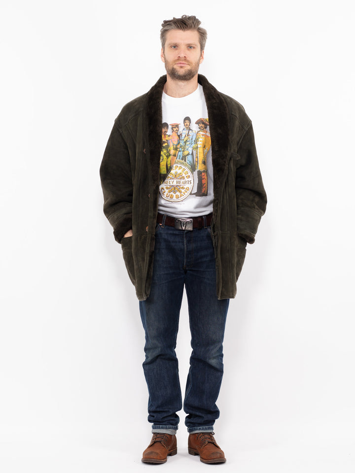 Vintage 80's Men Sheepskin Shearling Coat in GreenZ2692