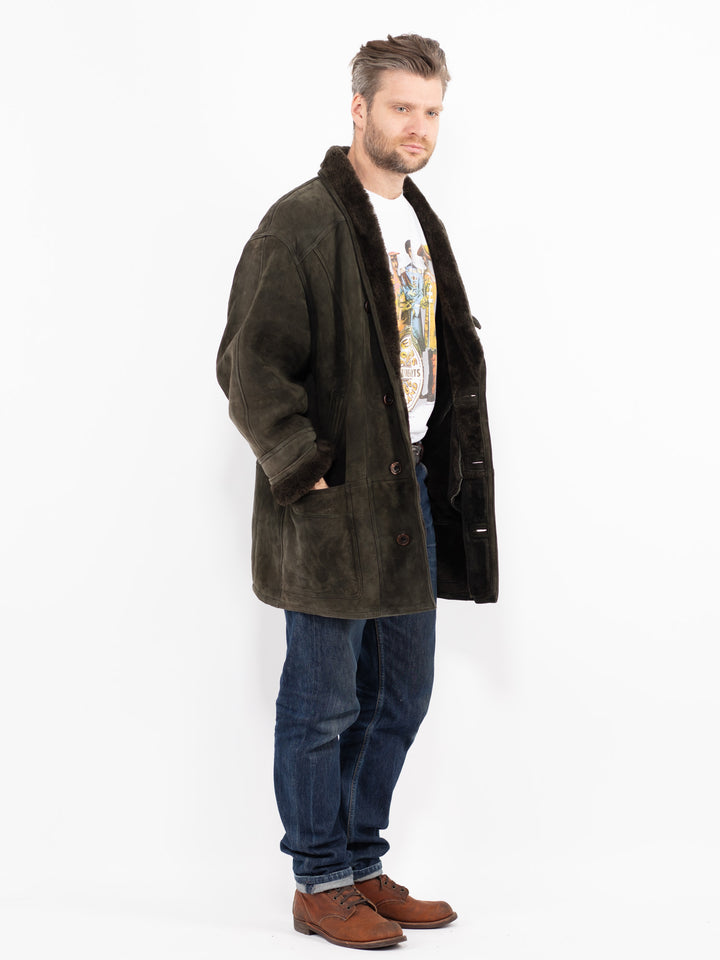 Vintage 80's Men Sheepskin Shearling Coat in GreenZ2692