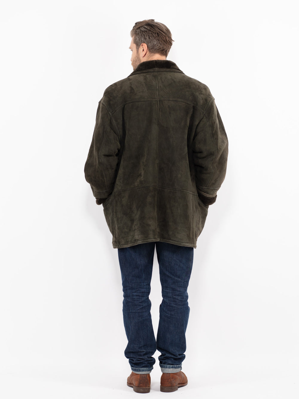 Vintage 80's Men Sheepskin Shearling Coat in GreenZ2692