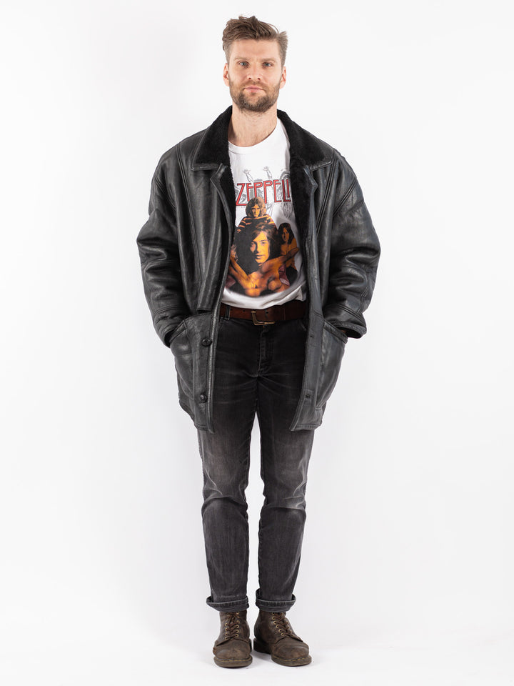 Vintage 80's Men Sheepskin Coat in Black