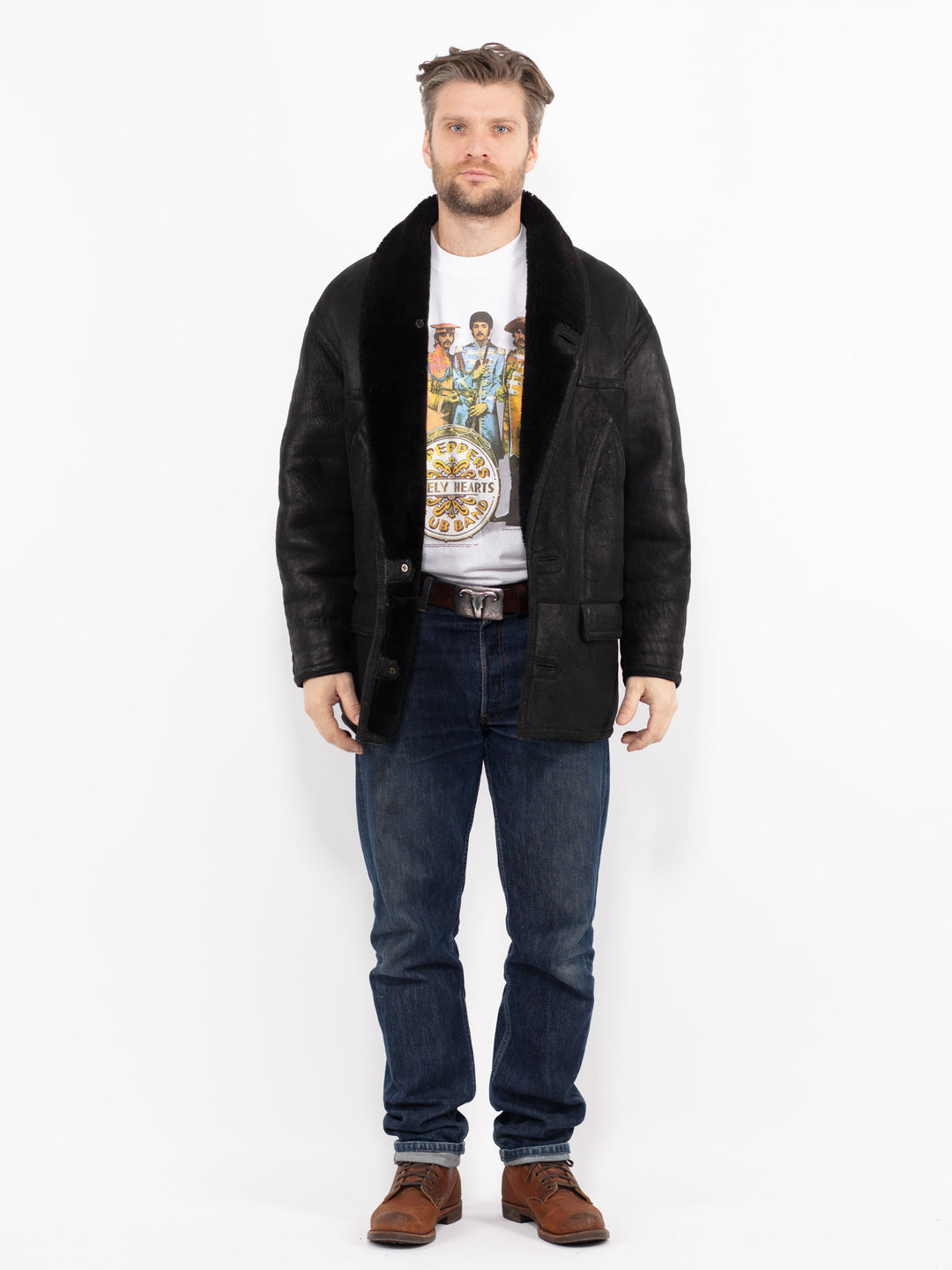 Vintage 80's Men Sheepskin Shearling Coat in BlackZ2693