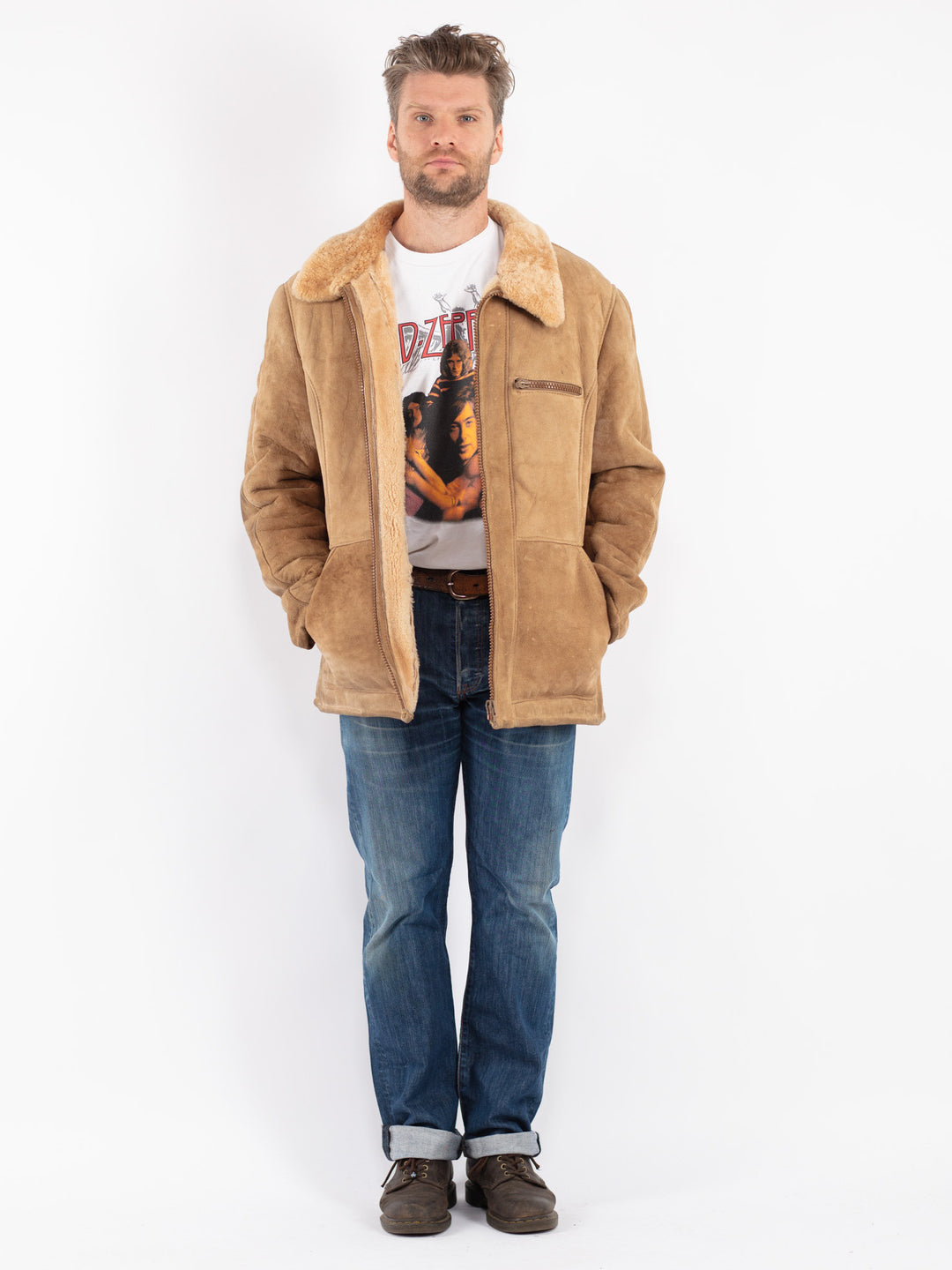 Vintage Men Sheepskin Coat in Beige