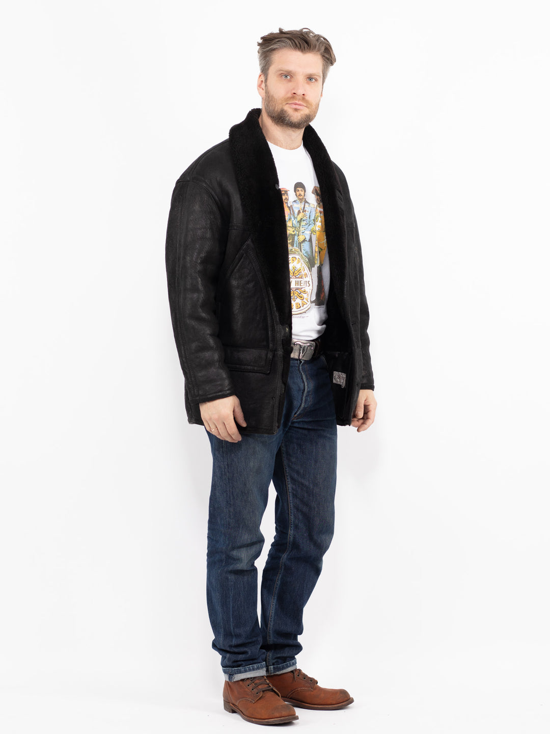 Vintage 80's Men Sheepskin Shearling Coat in BlackZ2693