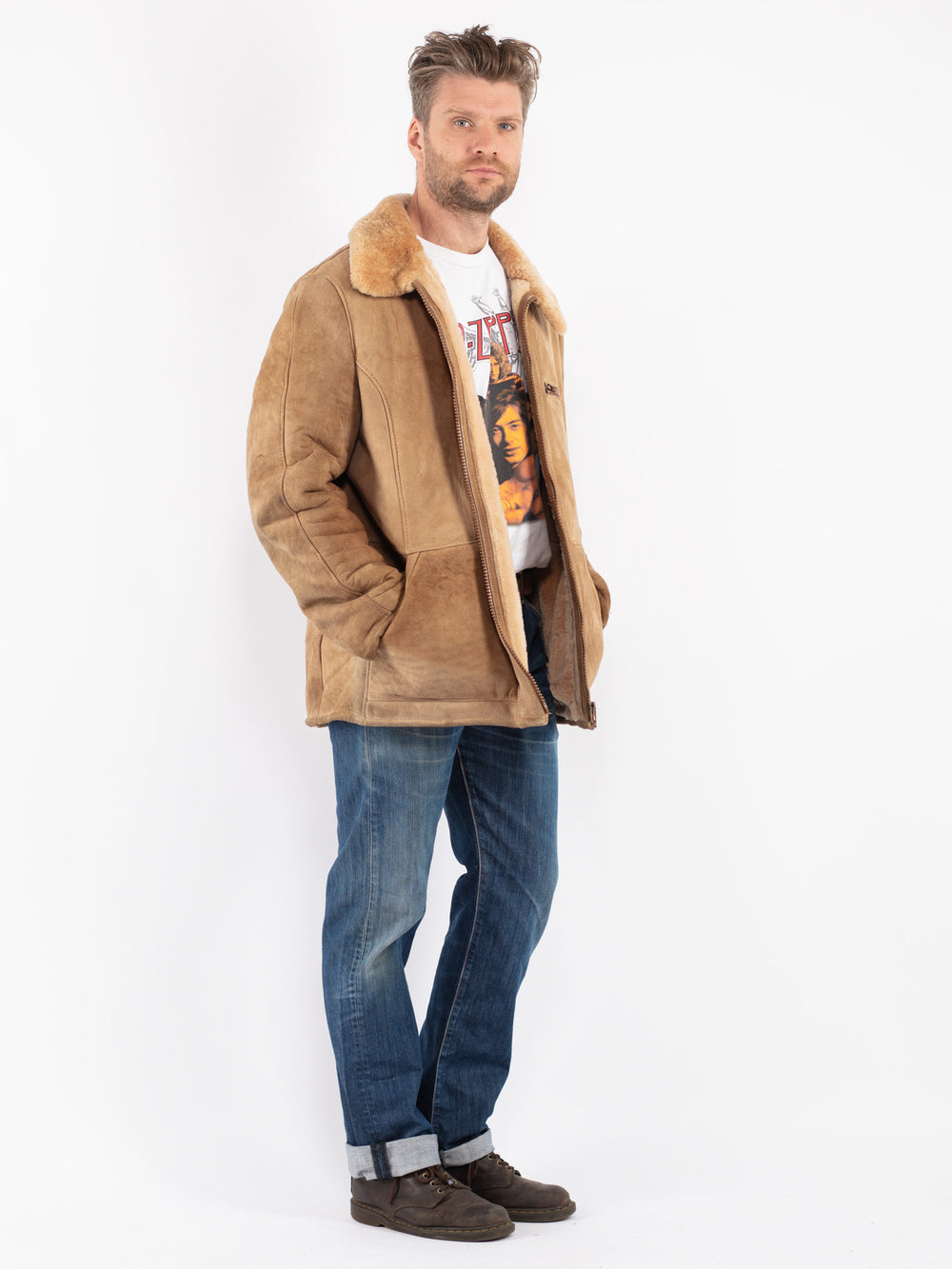 Vintage Men Sheepskin Coat in Beige