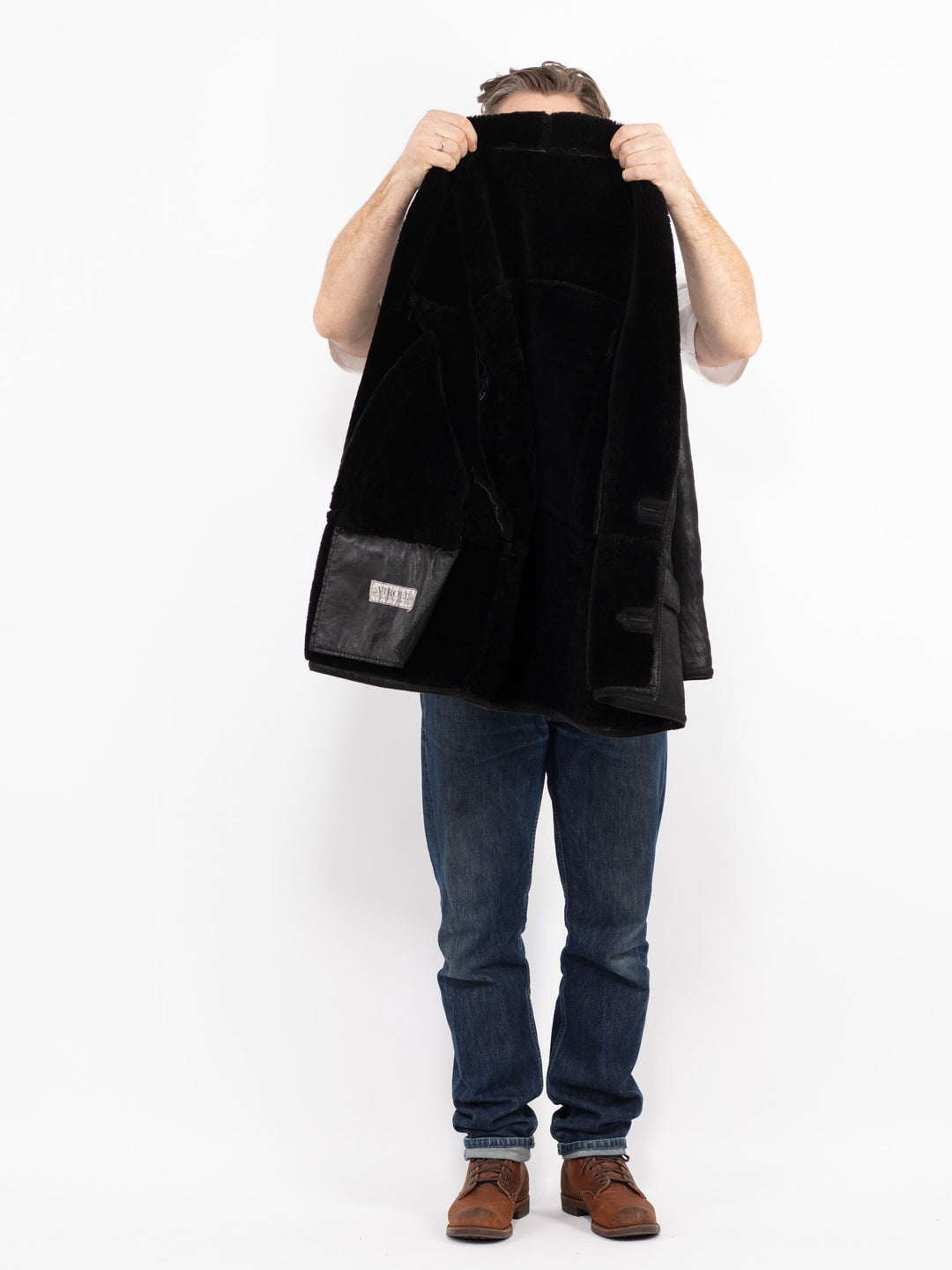 Vintage 80's Men Sheepskin Shearling Coat in BlackZ2693