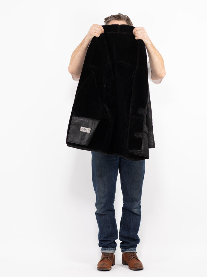 Vintage 80's Men Sheepskin Shearling Coat in BlackZ2693
