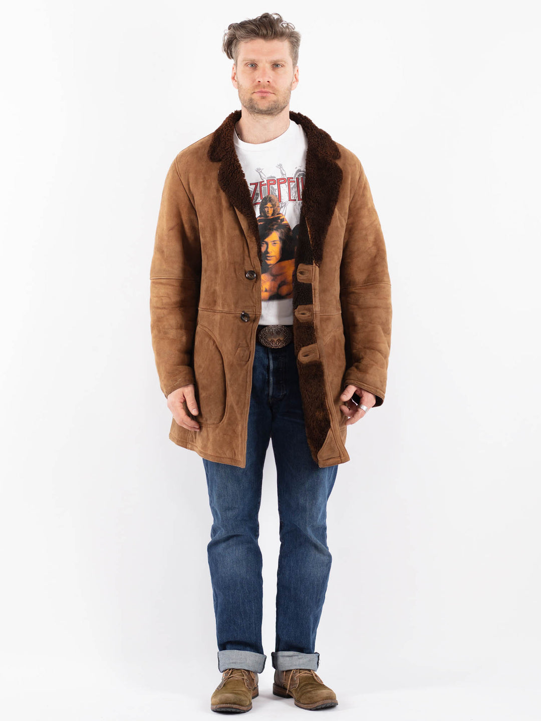 Vintage 80's Men Sheepskin Shearling Coat in BrownZ1534
