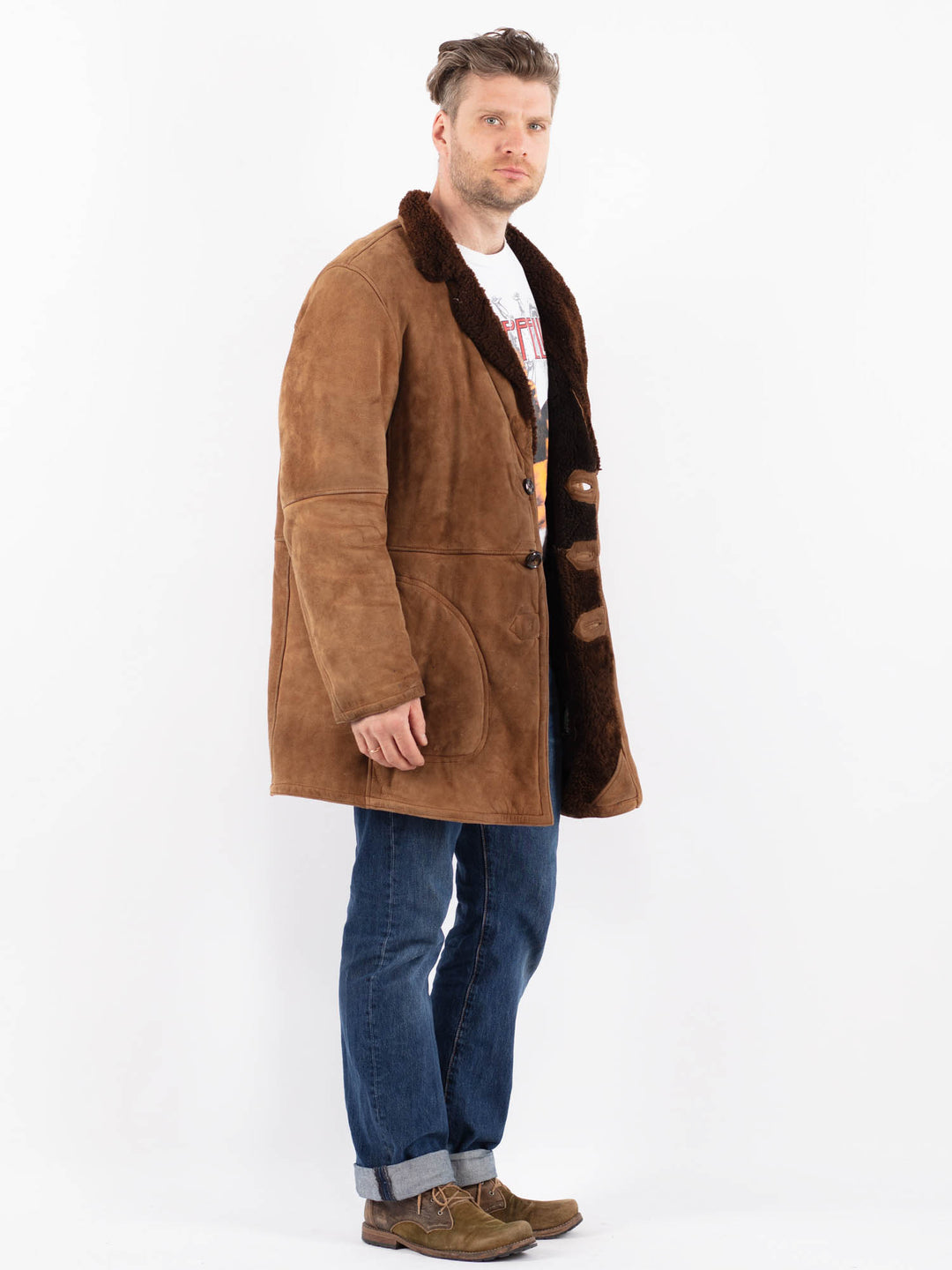 Vintage 80's Men Sheepskin Shearling Coat in BrownZ1534