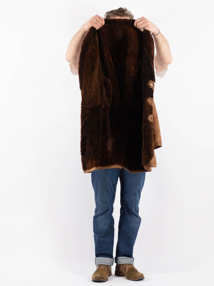 Vintage 80's Men Sheepskin Shearling Coat in BrownZ1534