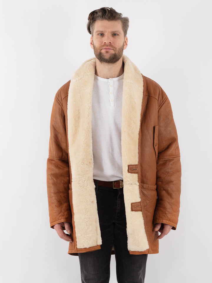 Vintage 80's Men Sheepskin Shearling Coat in BrownZ994